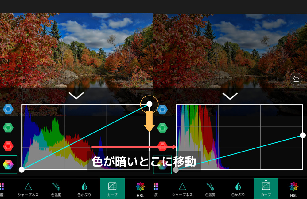 カーブ縦軸の説明
右上の丸を下に動かすと写真が暗く